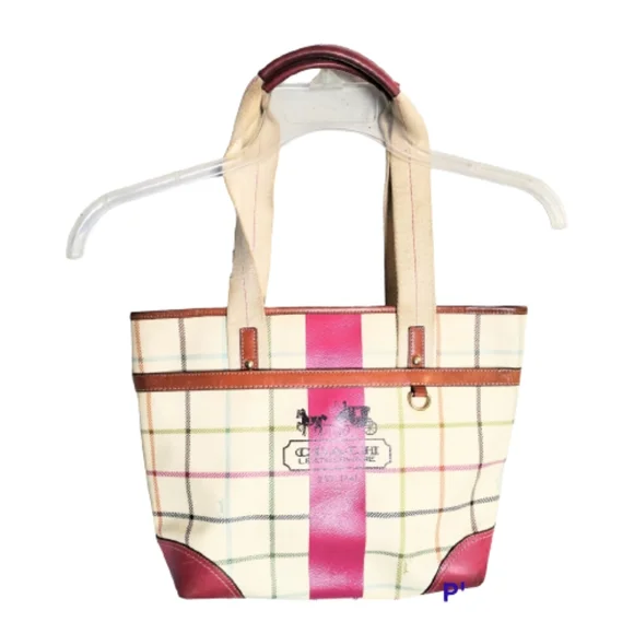 Coach Heritage Fuchsia Stripe Multi Plaid Tattersall Tote. - Picture 1 of 14